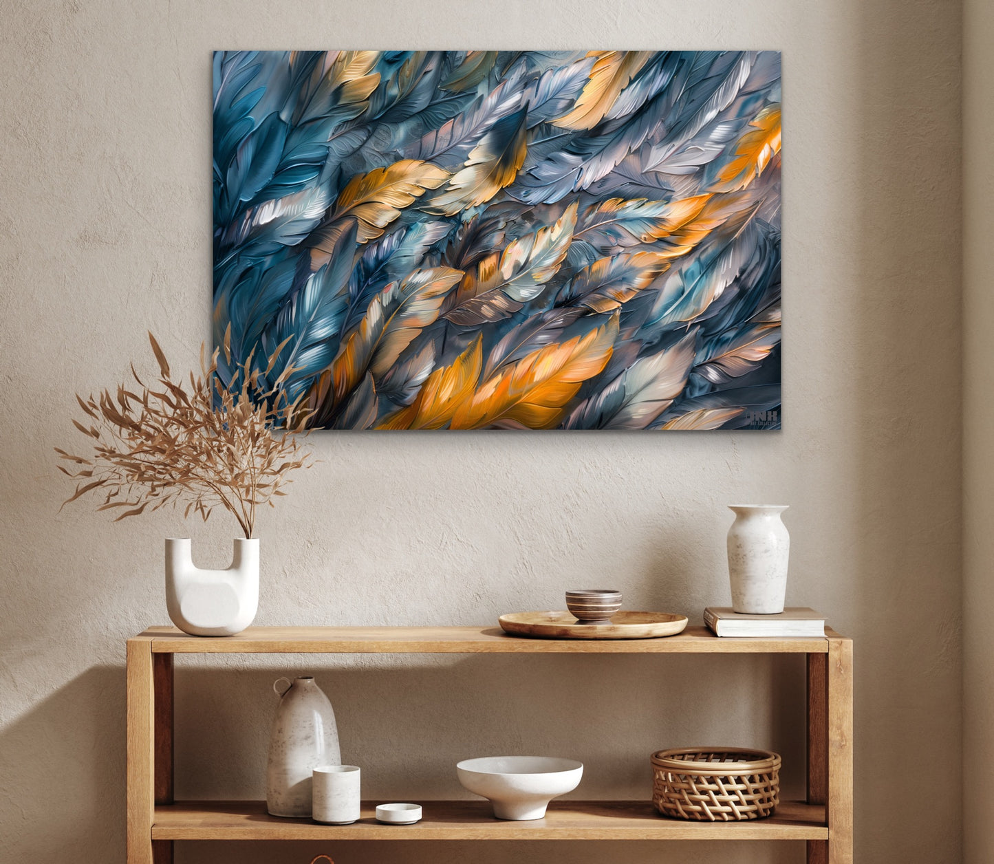 Golden Blue Feather Canvas Wall Art