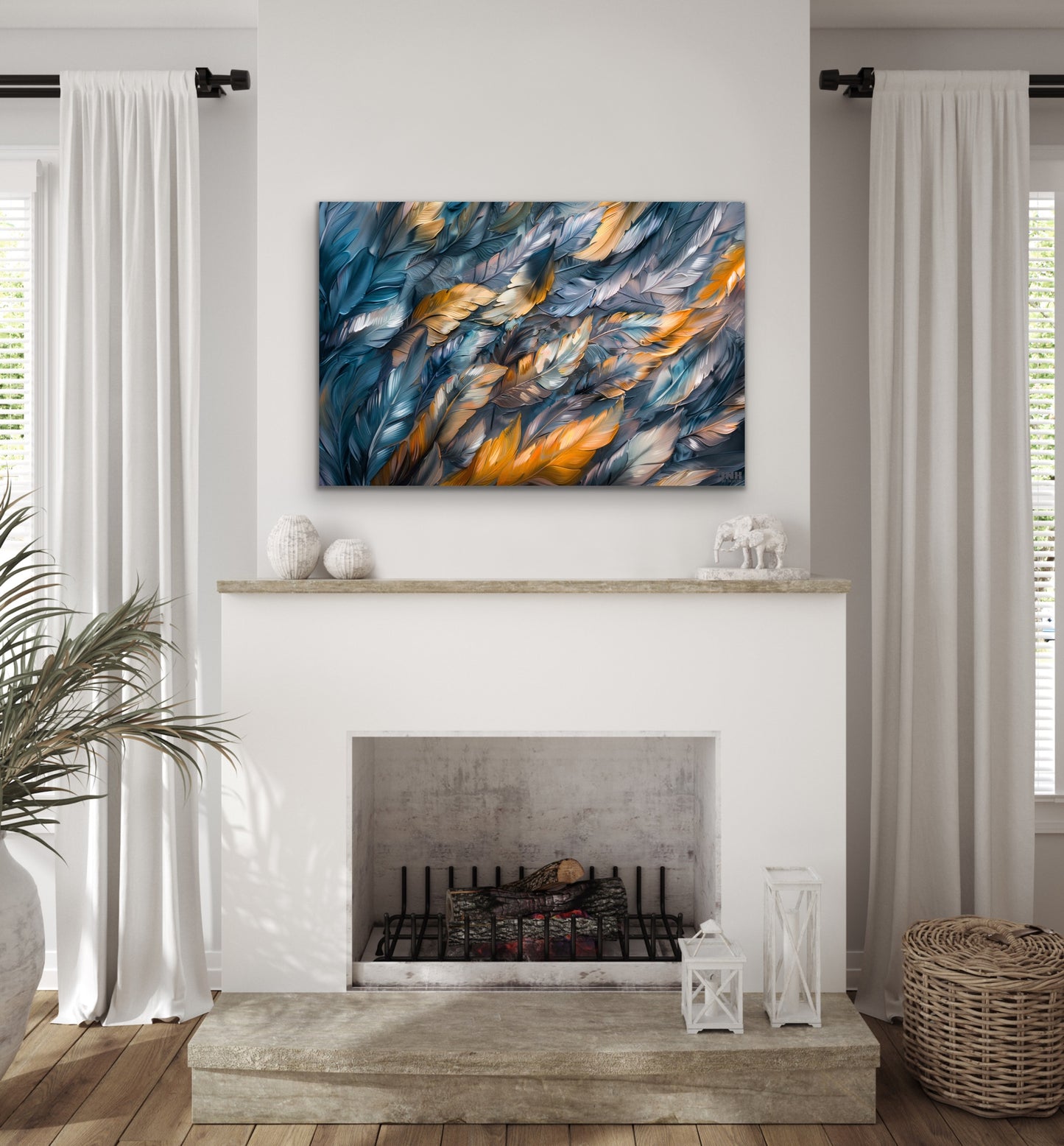 Golden Blue Feather Canvas Wall Art