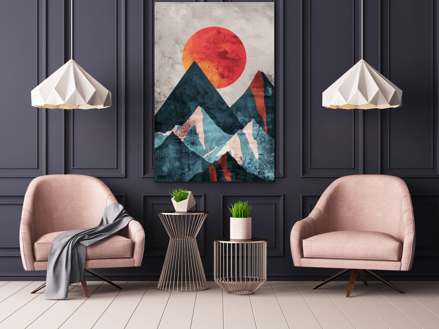 Geometric Mountain Sun Canvas Wall Art