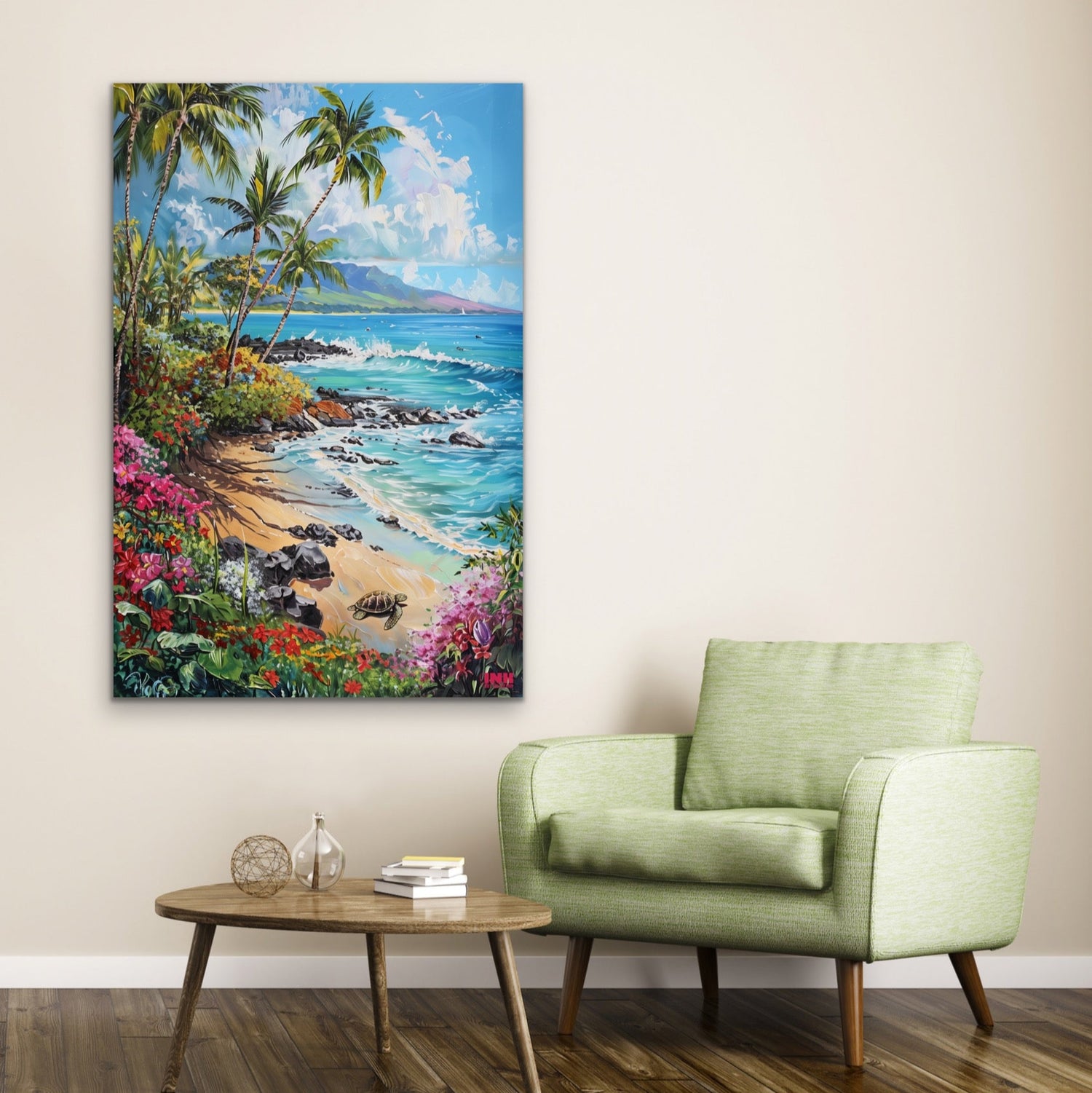 Tropical beach scene canvas wall art on a wall above a green armchair and wooden table.