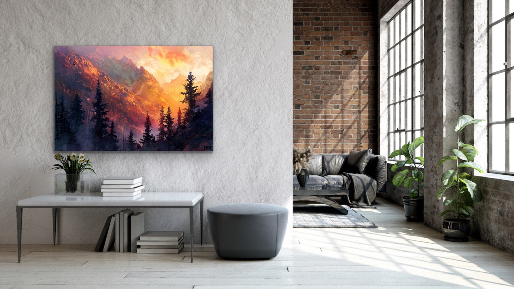 Modern living room with a large painting of a sunset over trees on the wall.