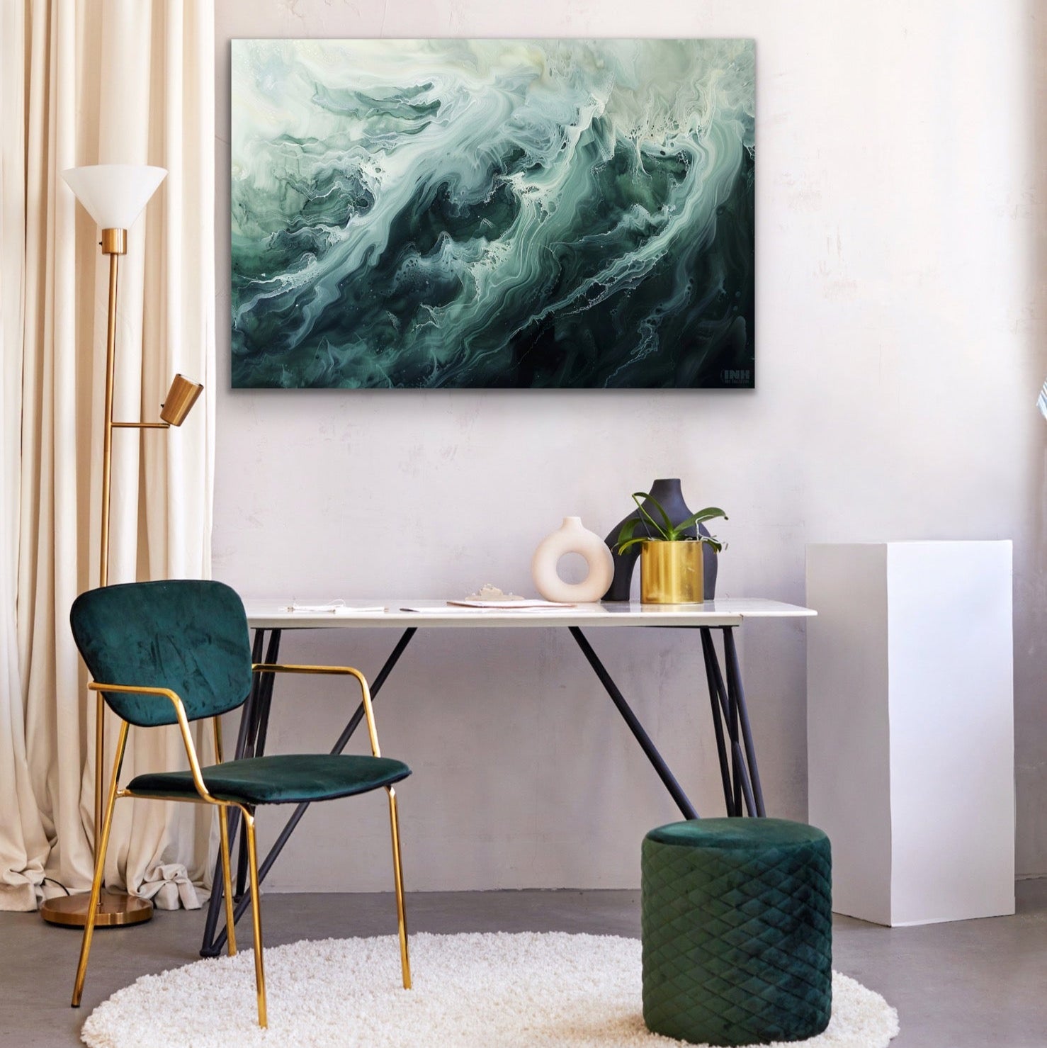 Modern interior with abstract green ocean canvas art on wall, table, and chair.