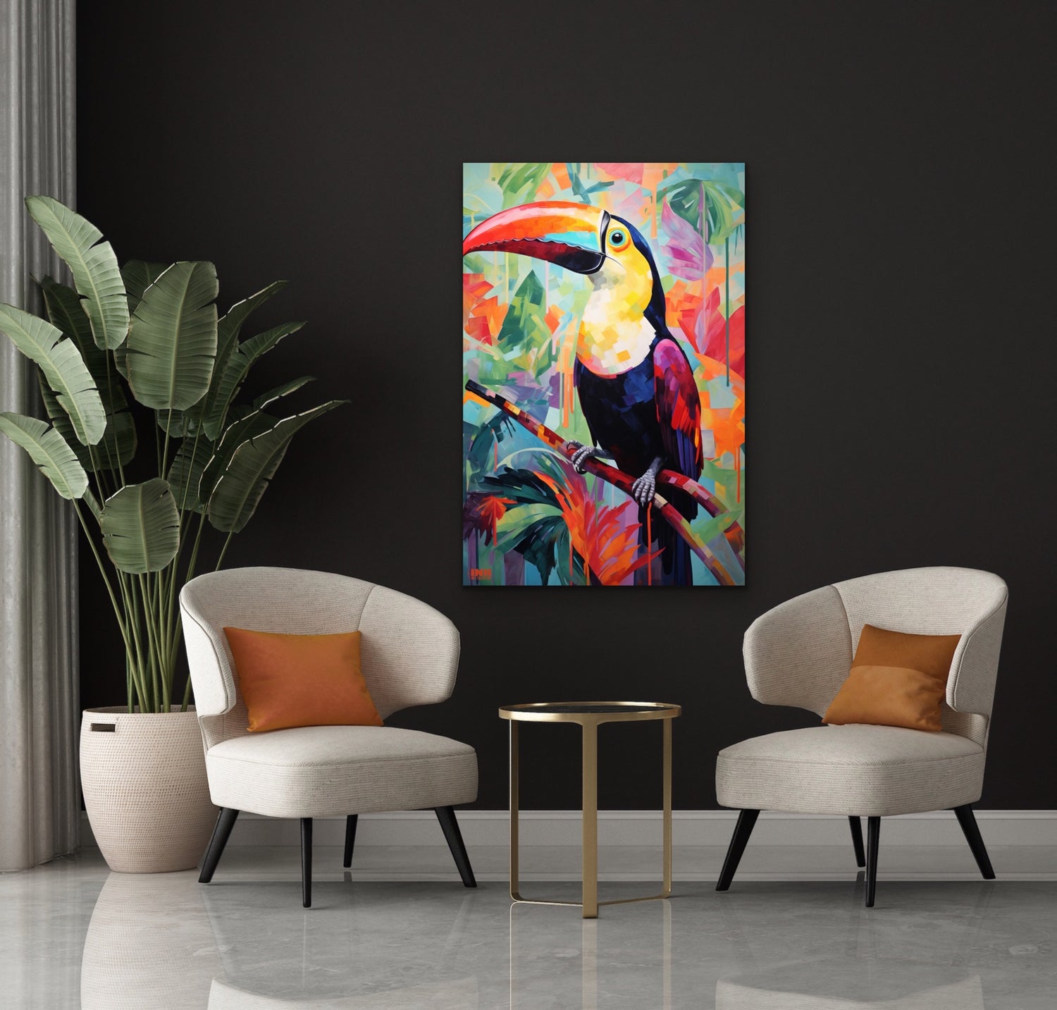 Colorful toucan painting on a black wall above two chairs with orange cushions.