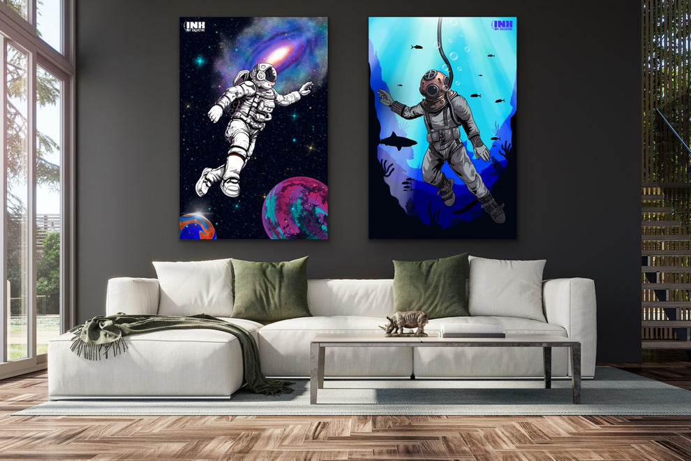 Astronaut & Deep Sea Diver Canvas Wall Art Set | Inx Art Collective