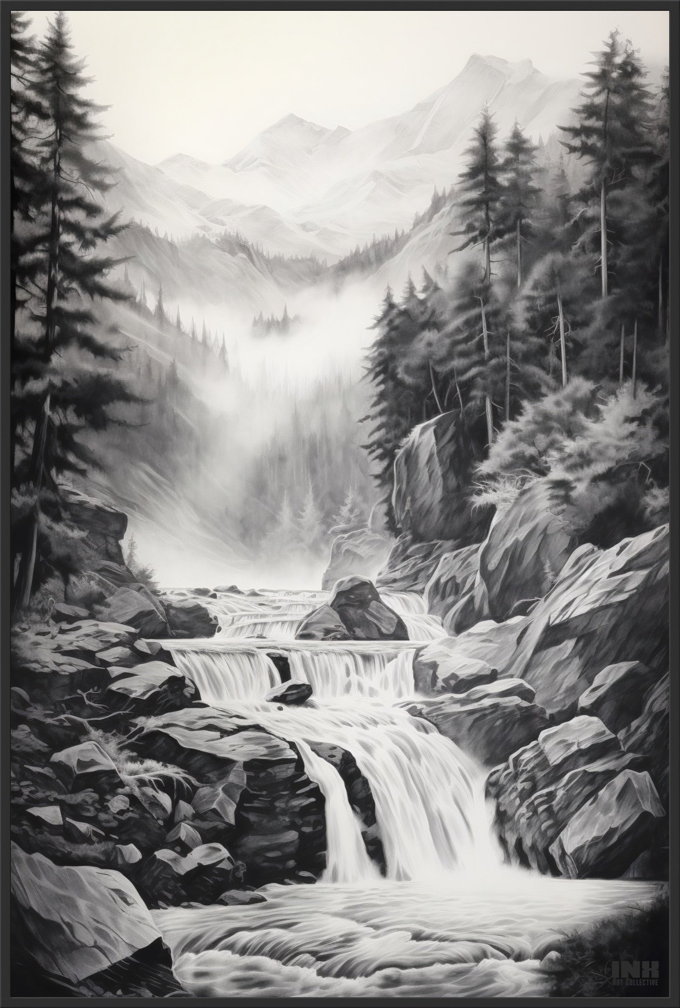 Waterfall Black and White Canvas Art