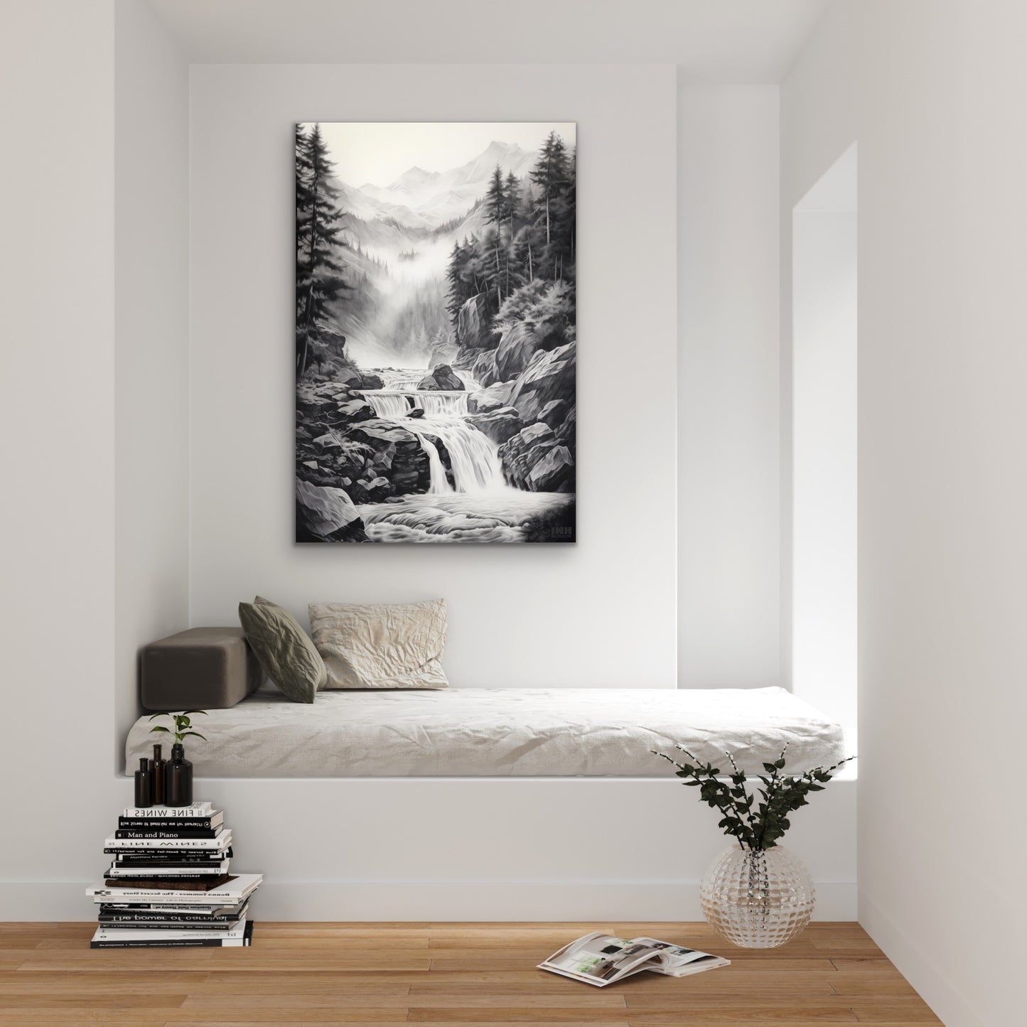 Waterfall Black and White Canvas Art