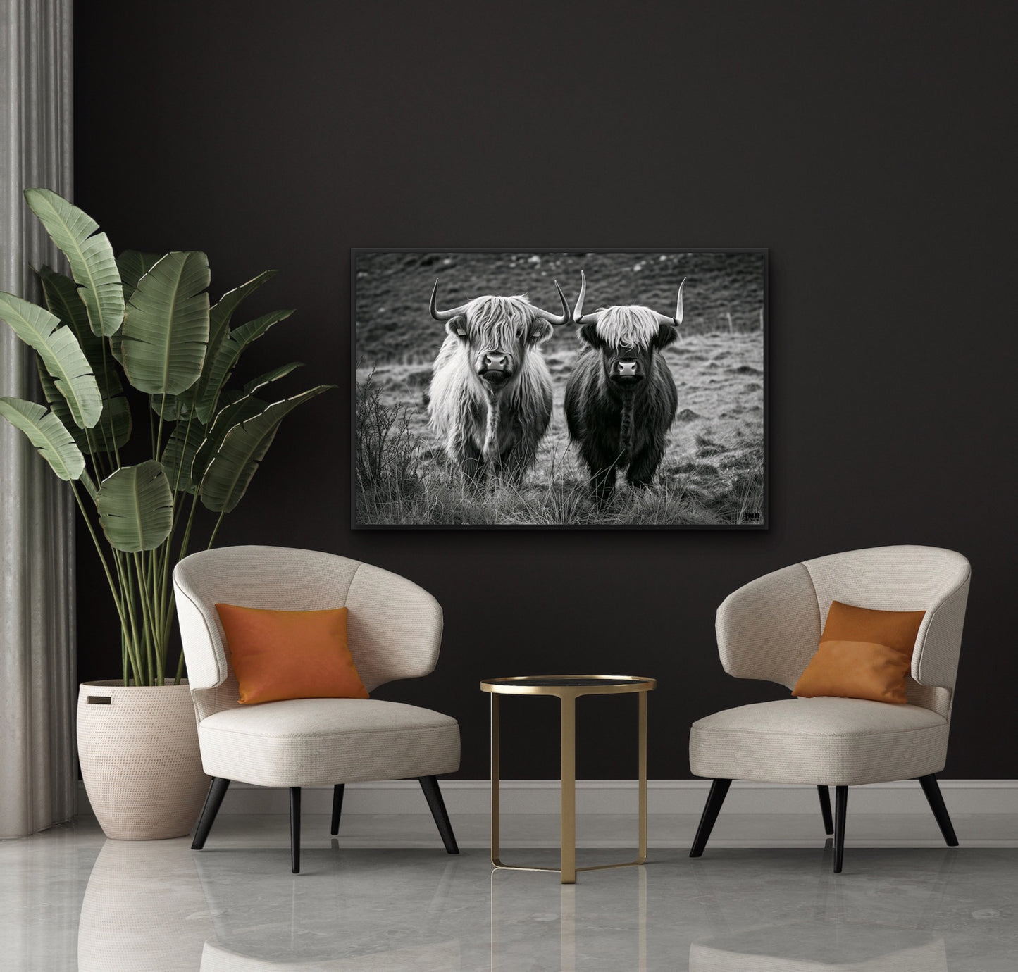 Highland Cows Black and White Canvas Art