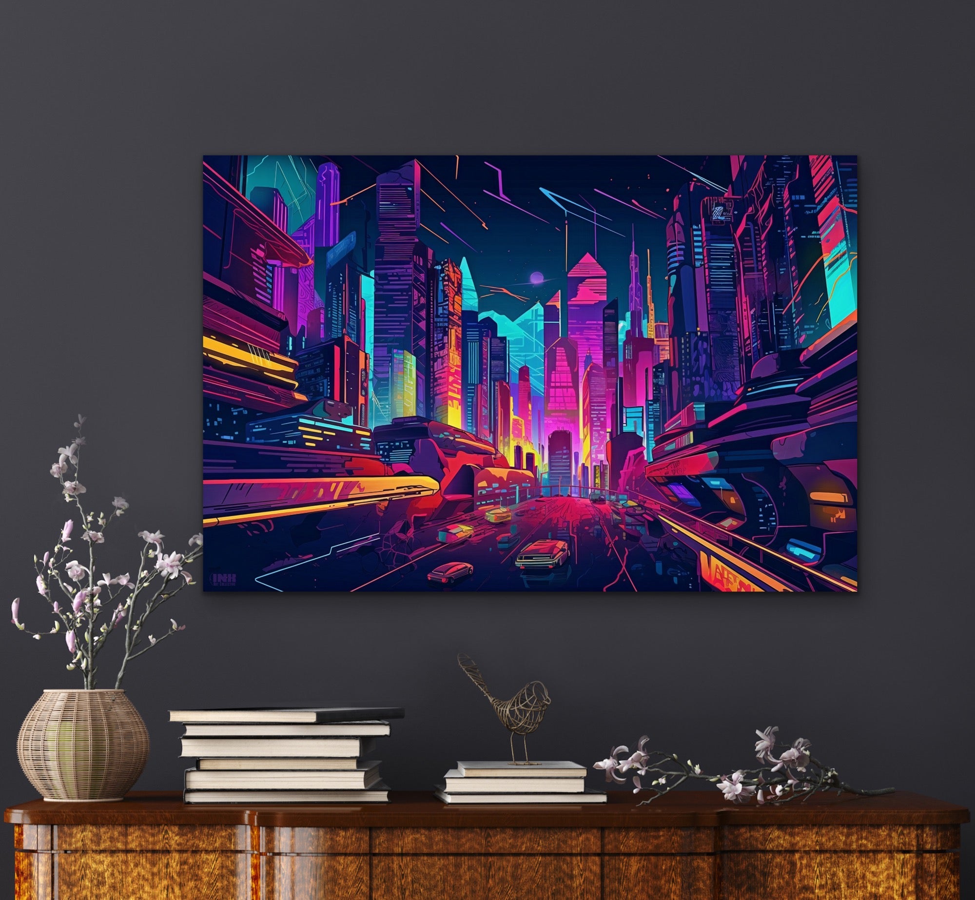 Futuristic Cyberpunk City Canvas Art – Inx Art Collective