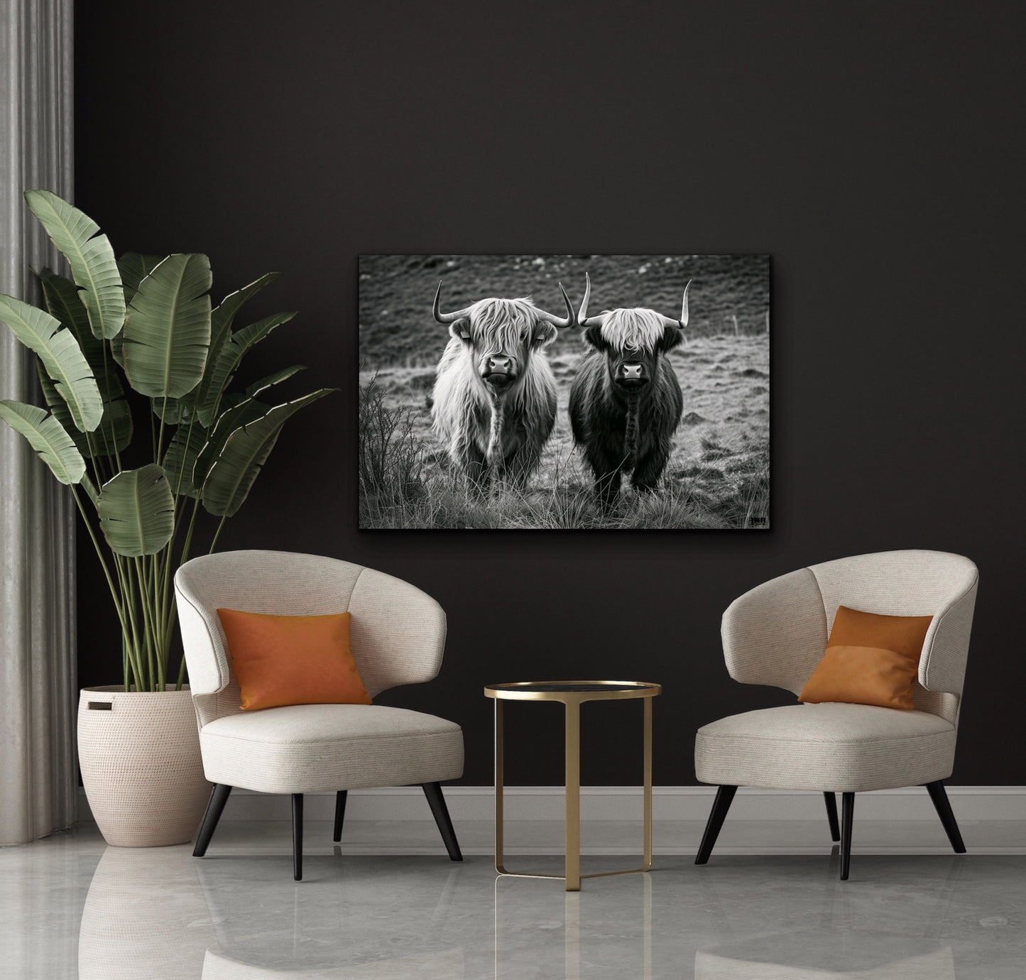 Highland Cows Black and White Canvas Art